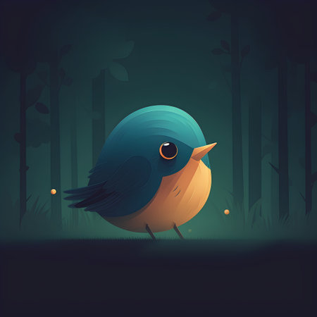 Cute cartoon blue bird on a dark forest background. Vector illustrationの素材