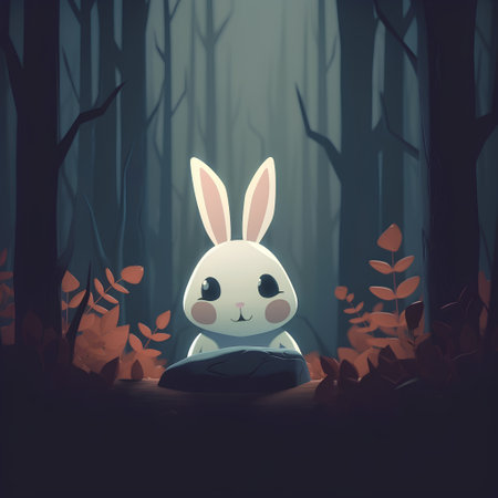 Illustration of a cute bunny sitting on a rock in the forestの素材