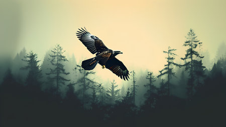 Bald Eagle flying over the misty forest. Vintage style.の素材