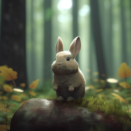 Easter bunny sitting on a rock in the forest, 3d renderの素材