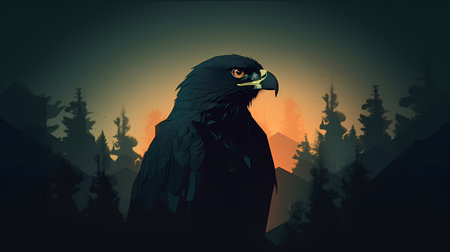 Silhouette of a falcon in the forest. Vector illustrationの素材