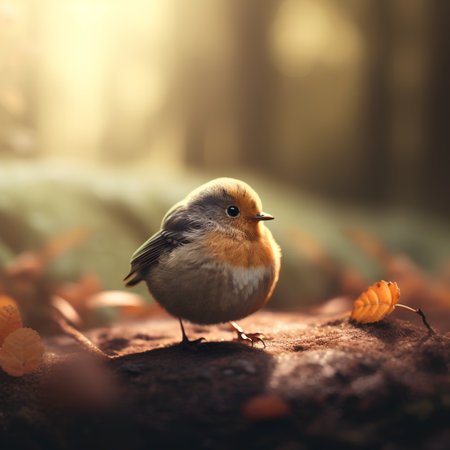 Little red robin on the ground in autumn forest. Photo in retro style.の素材