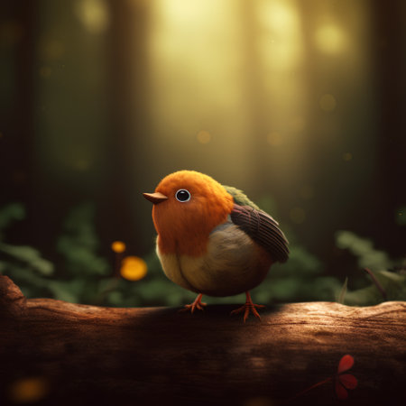 Beautiful little bird in the forest with green bokeh backgroundの素材