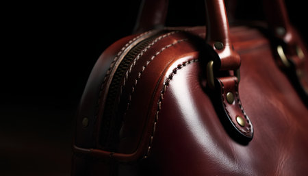 Close up of brown leather handbag on black background, shallow depth of fieldの素材