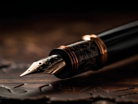 Fountain pen on a wooden table. Shallow depth of field.の素材