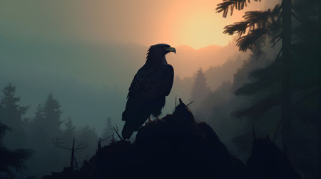 Eagle in the misty forest. 3d render illustration.の素材
