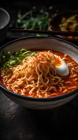 Ramen noodle soup with egg on dark background, Japanese foodの素材