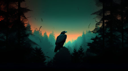 Eagle in the forest at sunset. 3d rendering. Illustration.の素材