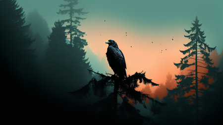 Bald Eagle in the misty forest. 3d illustration.の素材