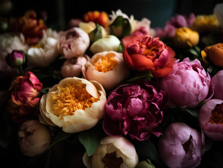 Beautiful bouquet of peony flowers. Selective focus.の素材