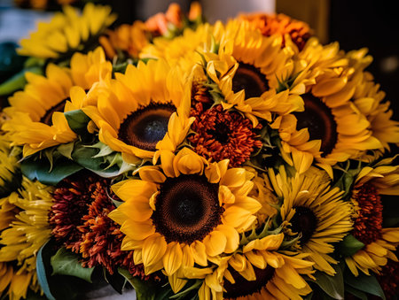 beautiful bouquet of sunflowers in vase on tableの素材
