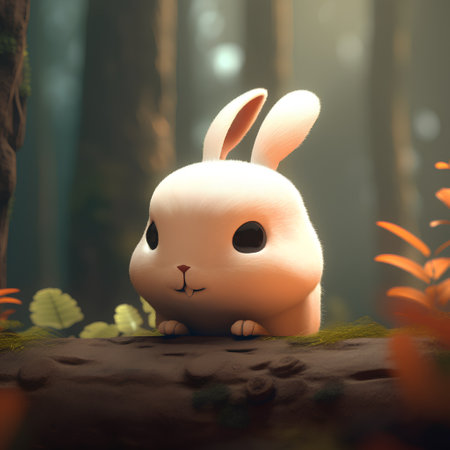 Cute cartoon rabbit sitting in the forest - 3d render.の素材