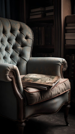 Luxury antique armchair with books on a dark background.の素材