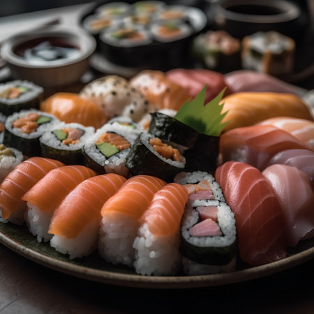 Japanese food Sushi and rolls with salmon, tuna, caviar, wasabi and gingerの素材