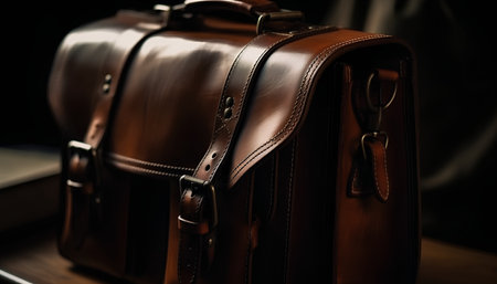 Brown leather briefcase on a black background. Shallow depth of field.の素材