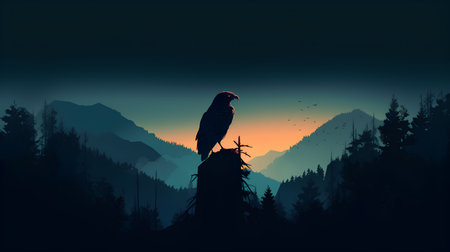 Silhouette of eagle on top of a mountain. Vector illustrationの素材