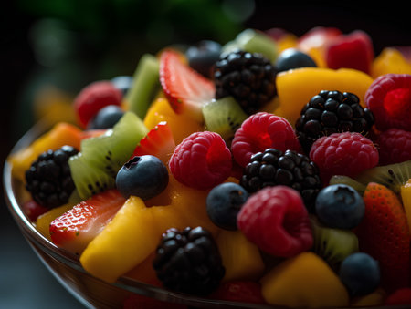 Fruit salad in a glass bowl with fresh berries. Selective focus.の素材