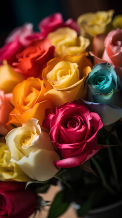 Bouquet of multicolored roses on a dark background.の素材
