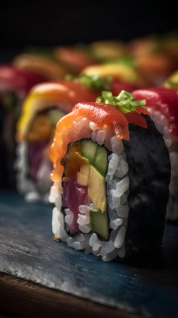 Sushi rolls with salmon, avocado, cucumber and red caviarの素材