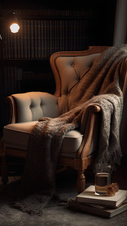 Cozy home interior. Comfortable armchair with knitted plaid, books and glass of whiskey.の素材