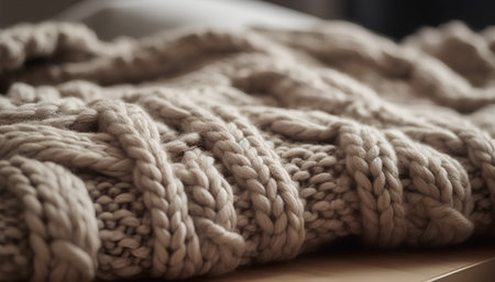 Knitted woolen sweater on a wooden table. Selective focus.の素材