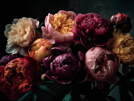 Beautiful bouquet of peonies on a dark background. Toned.の素材