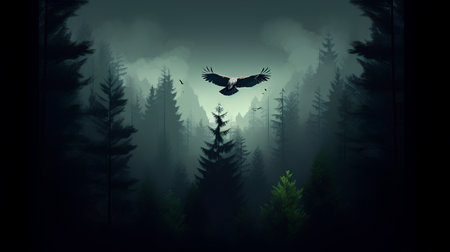 Flying eagle in the misty forest. 3d render illustration.の素材