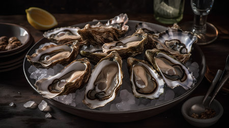 Fresh oysters on ice in a bowl on wooden table, selective focusの素材