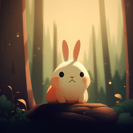 Illustration of a cute rabbit sitting on a rock in the forestの素材