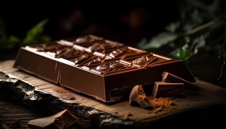 Chocolate bar on a wooden board, dark background, selective focusの素材