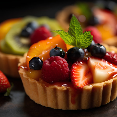 Delicious tartlets with fruits and berries on dark background, closeupの素材
