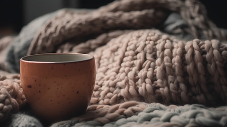 Cup of coffee on a knitted plaid. Selective focus.の素材