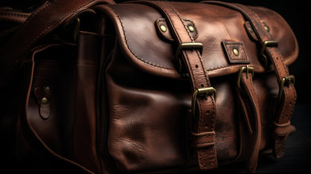 Close-up of a brown leather bag on a dark background.の素材