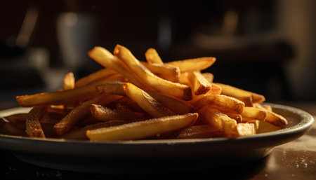 Golden French fries in a plate on a wooden table. Selective focus.の素材
