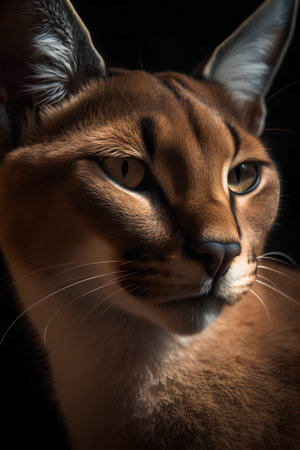 Close-up portrait of a caracal cat on black backgroundの素材