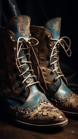 Vintage boots on a dark background. Shallow depth of field.の素材