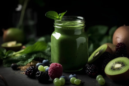Healthy green smoothie with fresh fruits and berries on black backgroundの素材