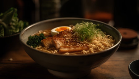 japanese ramen noodle with tofu and egg on wood tableの素材
