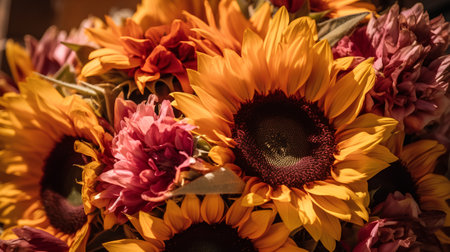 Sunflowers and gerberas in a bouquet of sunflowersの素材