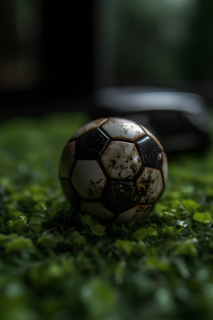 Soccer ball on green grass background. Close-up image.の素材