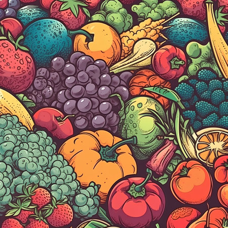 Seamless pattern with fruits and vegetables. Hand-drawn illustrationの素材