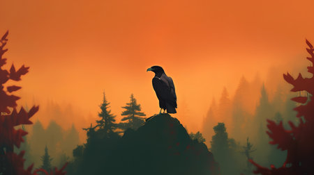 Eagle on a rock against the background of a misty forestの素材