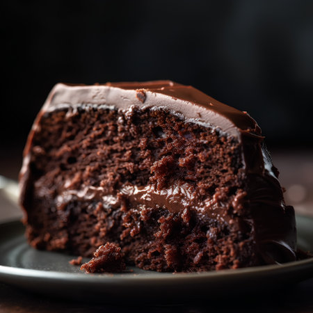 Chocolate cake with chocolate glaze on dark background, selective focusの素材