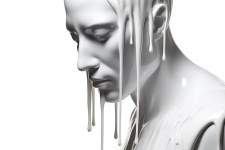 Silver female face with flowing white paint on white background. 3d renderingの素材