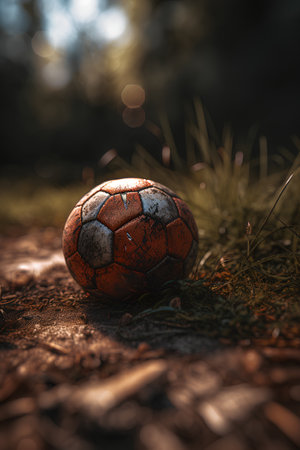 Soccer ball on the ground in the forest. Selective focus.の素材