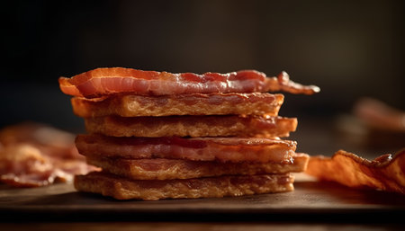 Slices of bacon on a wooden board. Selective focus.の素材