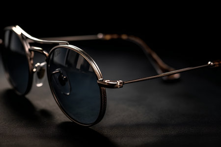 Sunglasses in an iron frame on a dark background close-upの素材