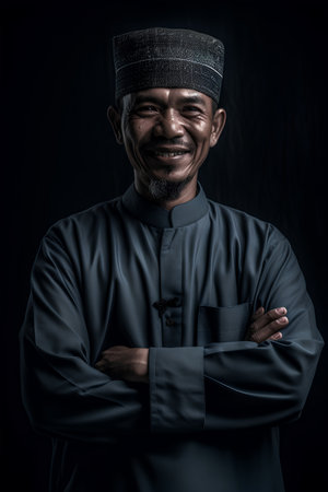 Portrait of a happy senior Muslim man with folded arms on black backgroundの素材