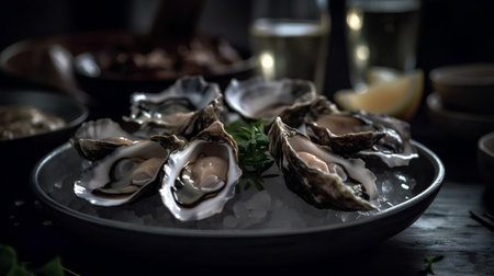 Fresh oysters on ice with lemon and rosemary, selective focusの素材