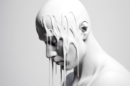White mannequin with flowing liquid paint on grey background. 3d renderingの素材